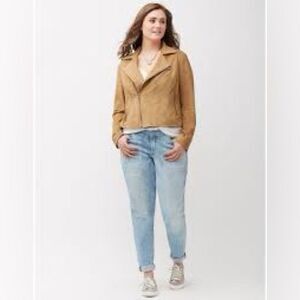 NWT PLUS LANE BRYANT Tucson Tan Faux Vegan Suede Stretch Moto Jacket Sz 14/16